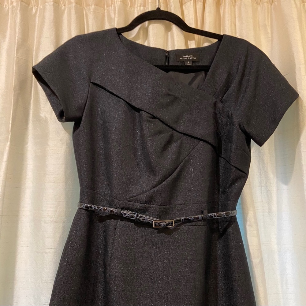 Tahari Iridescent Dark Gray Belted Dress